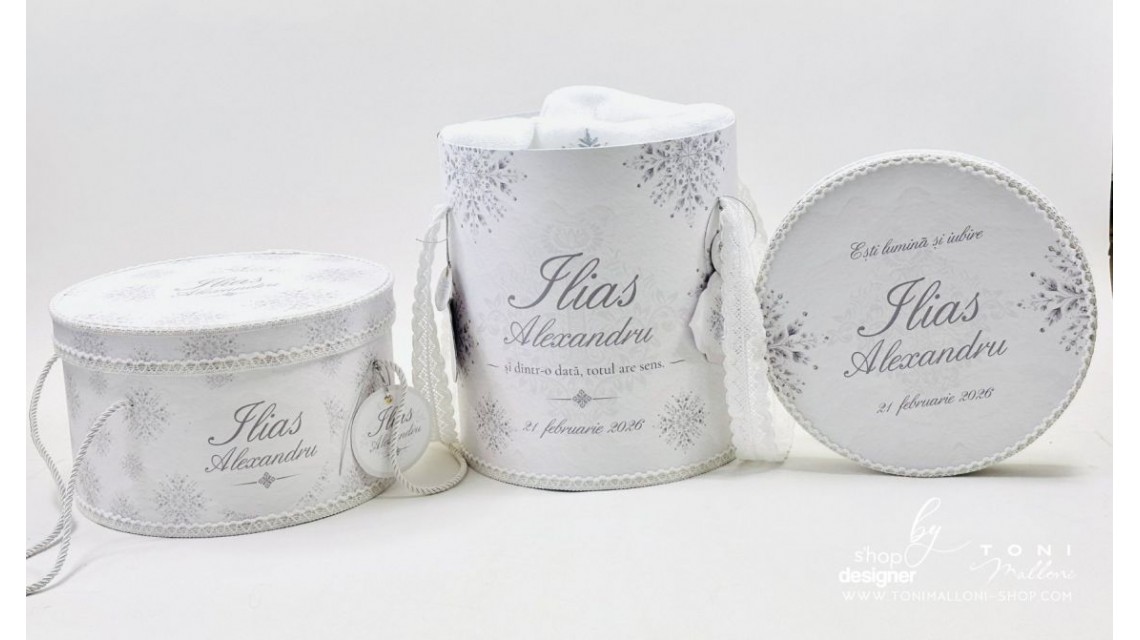 Trusou de botez alb cu gri si dantela bumbac brodata Fulg de Nea 18